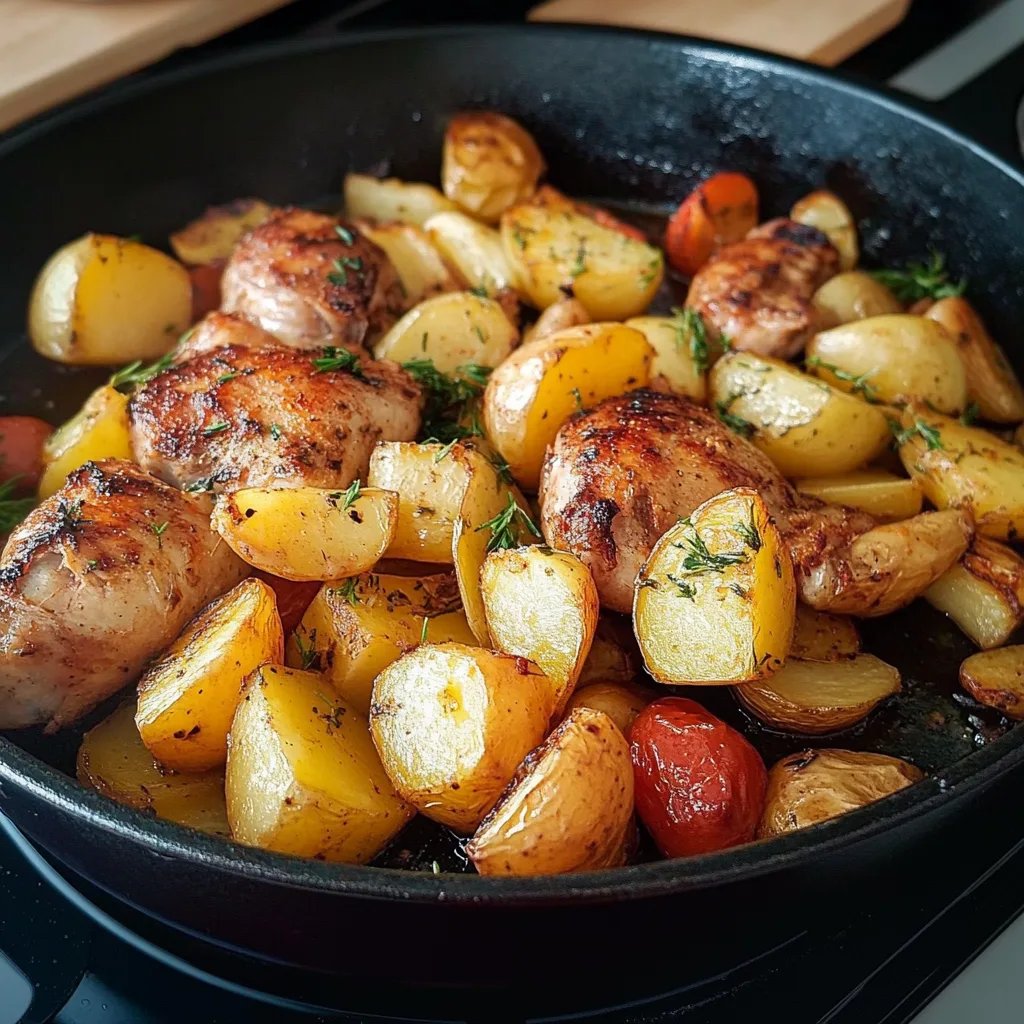 Hähnchenschenkel mit Gemüse und Kartoffeln aus dem Ofen
