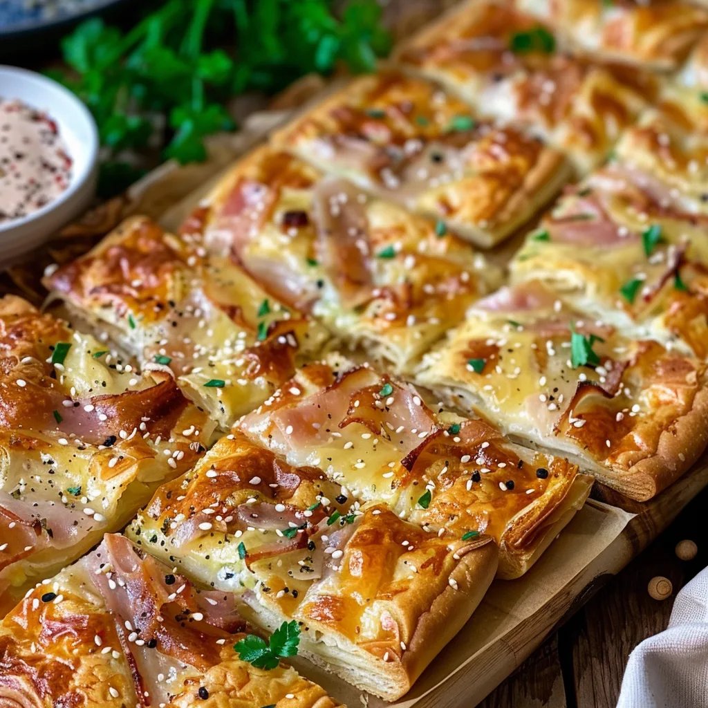 Blätterteigkissen gefüllt mit Schinken und Käse