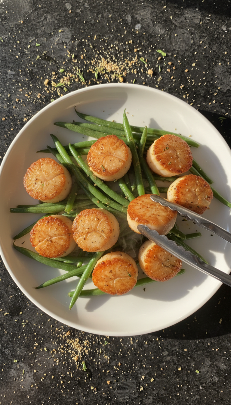 Pfannen Jakobsmuscheln mit Bohnen