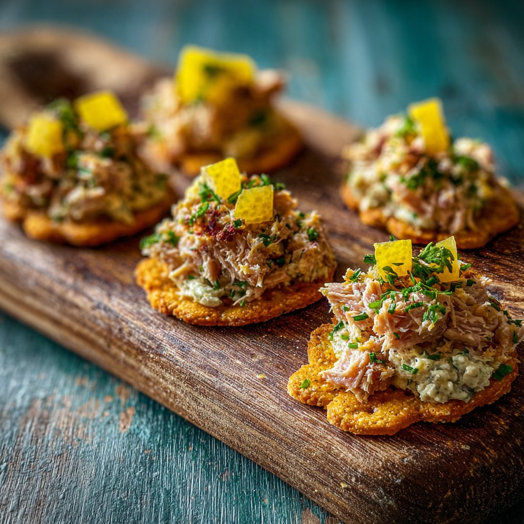 Thunfisch-Häppchen auf Crackern