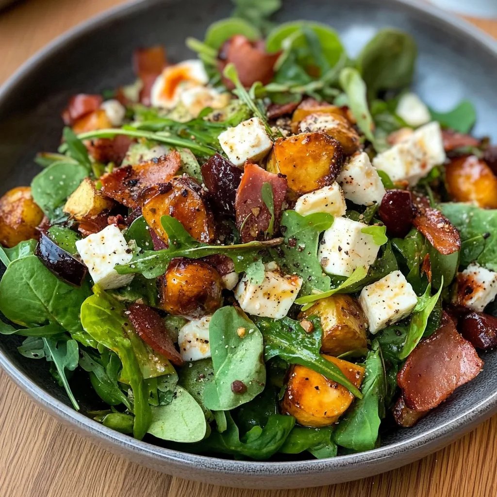 Wintersalat mit Bacon, Feta, Süßkartoffel, Kichererbsen und Balsamico Dressing