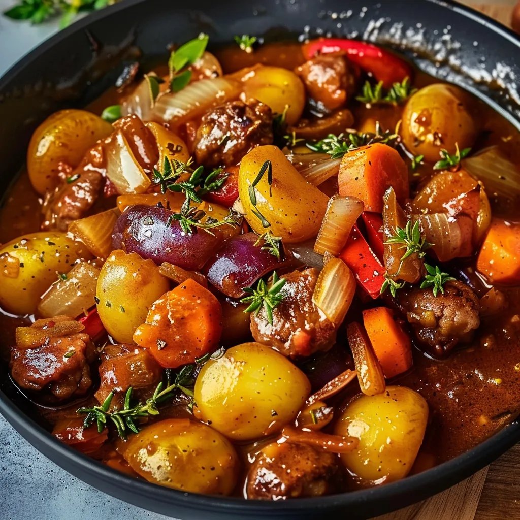 Deftiger Rosenkohleintopf mit würzigen Hackbällchen und Gemüse