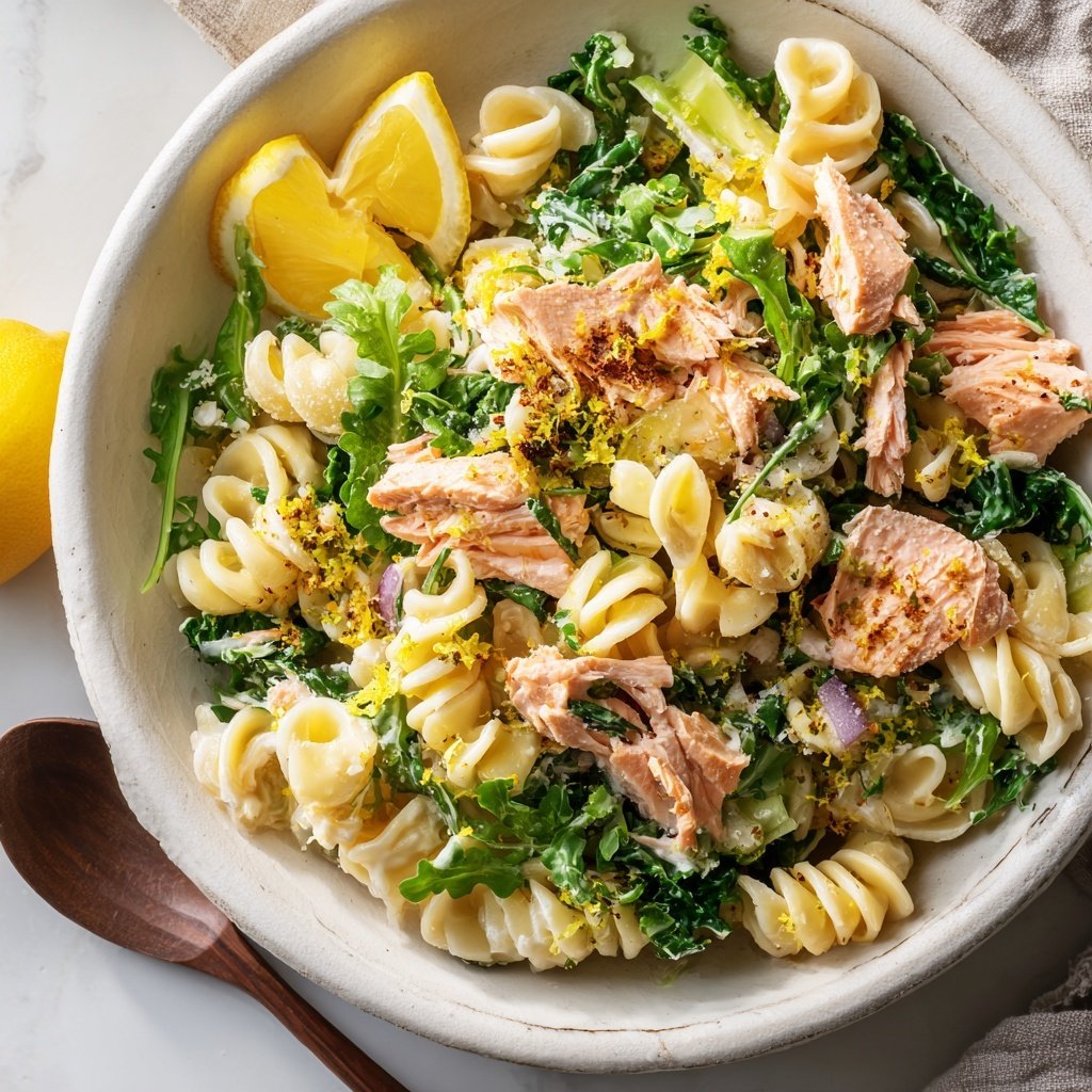 Zitronenabrieb Lachs Pasta Salat