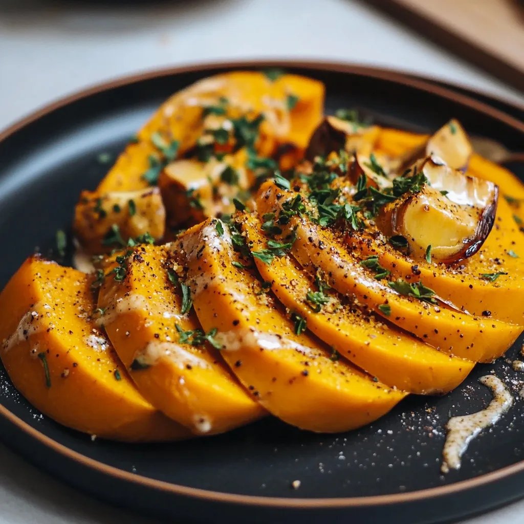 Gebackener Butternut-Kürbis auf Curry-Feta-Honig-Creme und Knoblauchbrot