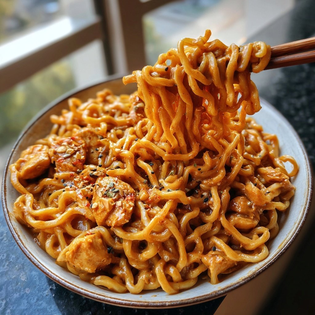 Scharfe Erdnuss Hähnchen Nudeln