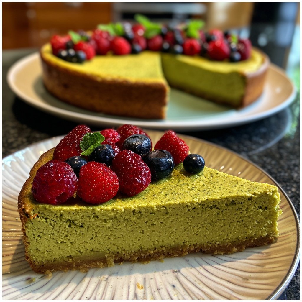 Japanischer Matcha Käsekuchen mit Beeren