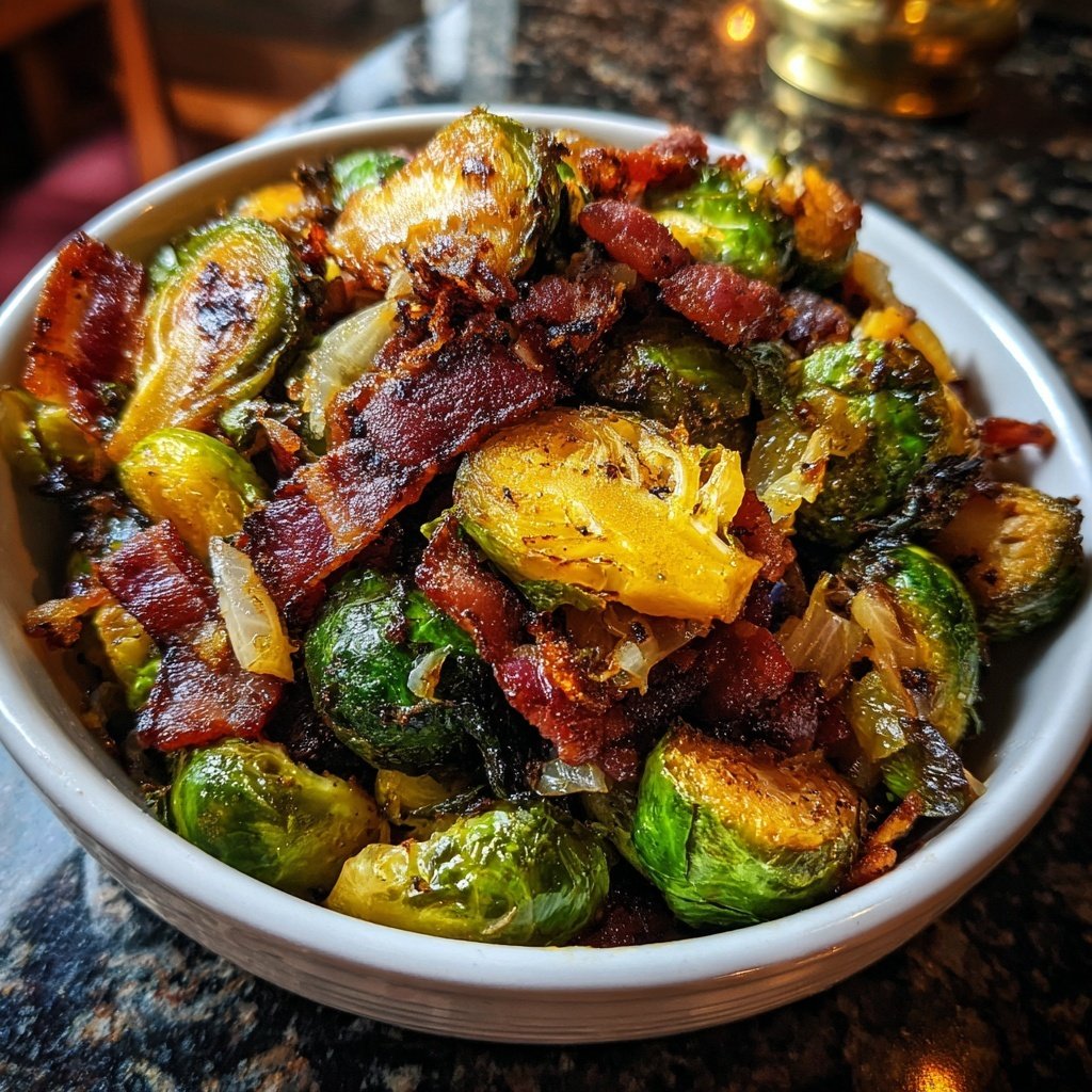 Rosenkohlpfanne mit Speckwürfeln und Zwiebeln​