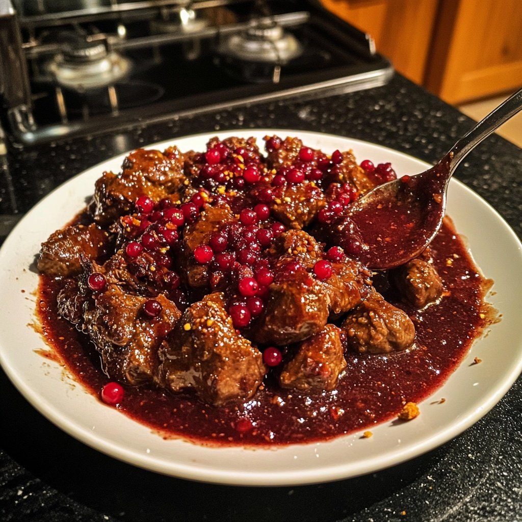 Hirschgulasch mit Preiselbeerjus