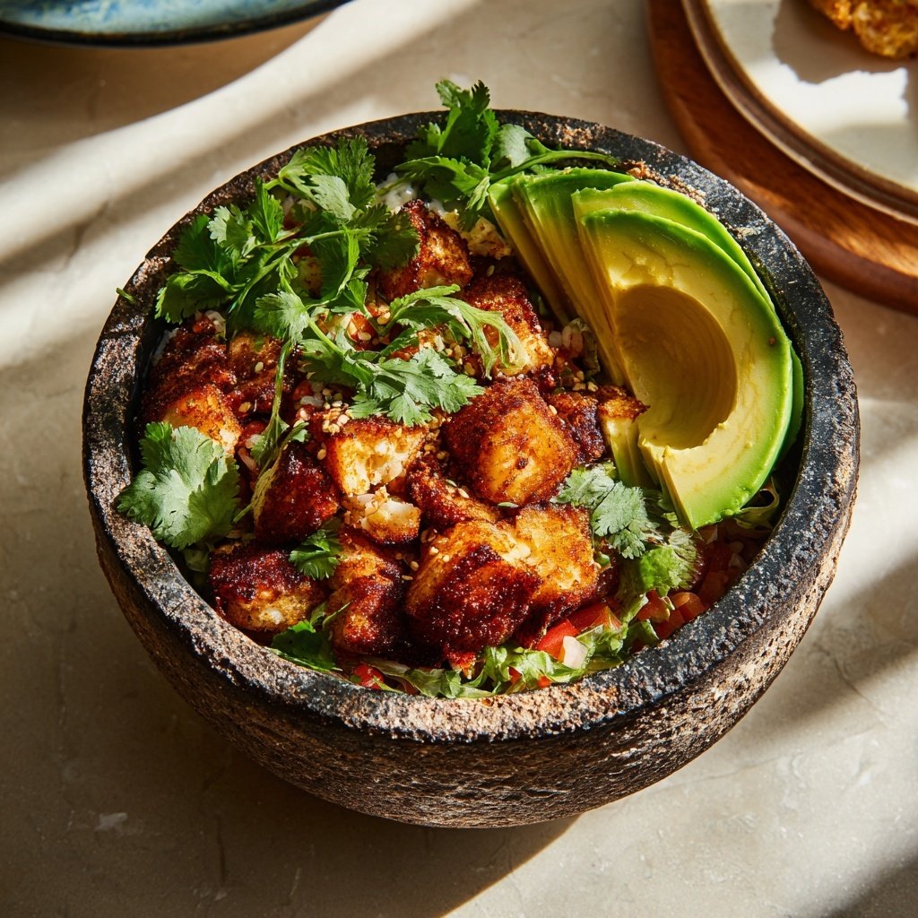 Scharfer Fisch Taco Bowl Avocado