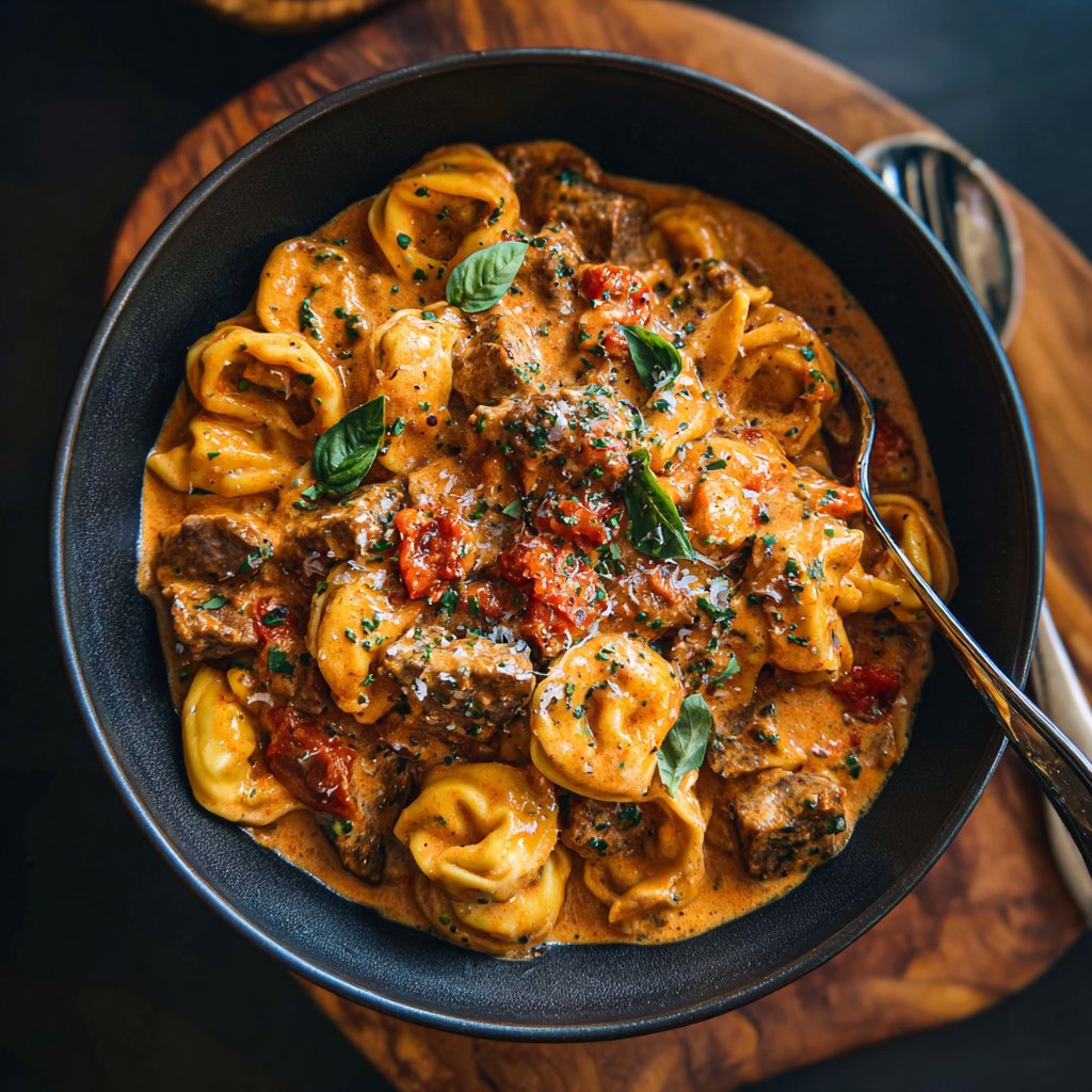 Cremige Tomaten-Knoblauch-Steak-Tortellini